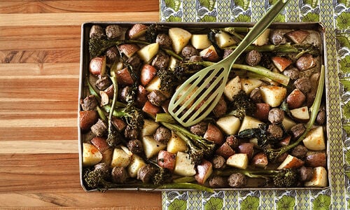 Sheet Pan Roast Sausage with Garlic, Potatoes, & Broccolini Recipe | D’Artagnan