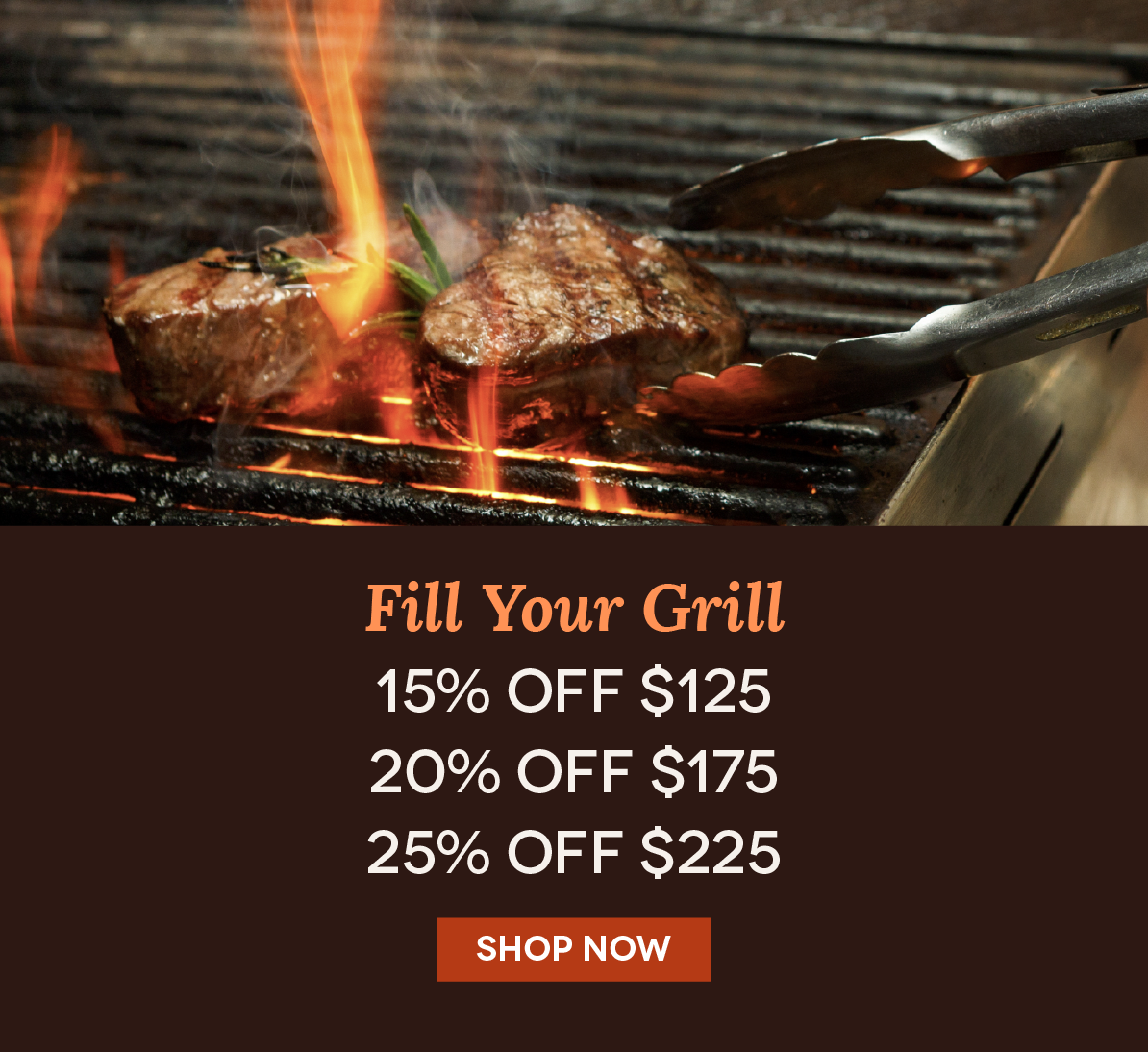 Fill Your Grill: 15% OFF $125 Orders, 20% OFF $175 Orders and 25% OFF $225 Orders