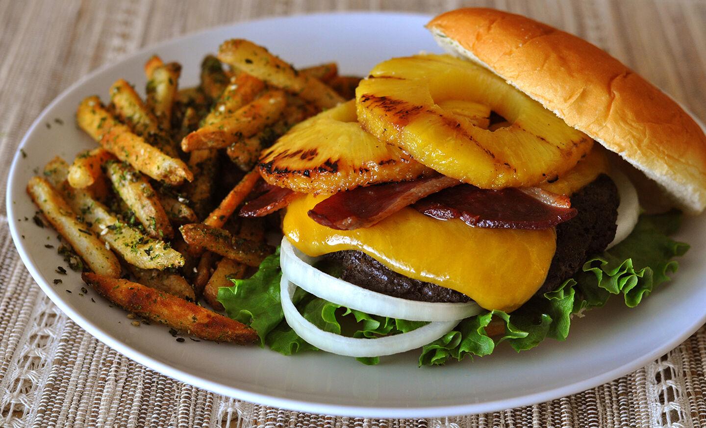 Hawaiian Style Grilled Teriyaki Burger with Pineapple & Duck Bacon | D'Artagnan