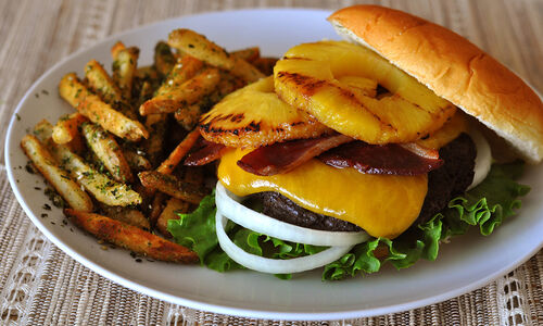 Hawaiian Style Grilled Teriyaki Burger with Pineapple & Duck Bacon | D'Artagnan