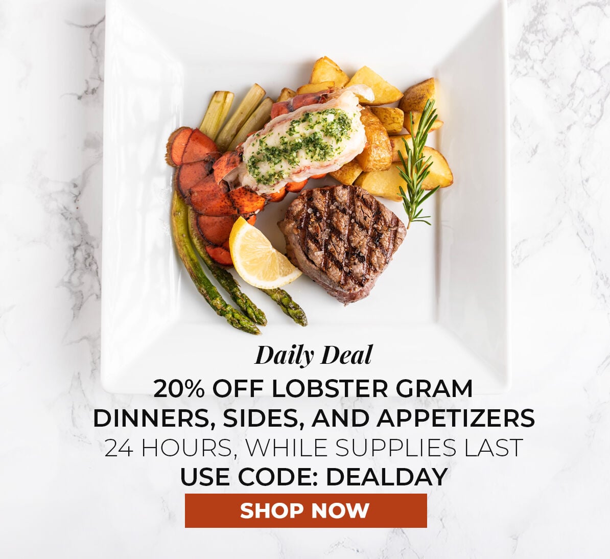 Daily Deal.  20% off Lobster Gram Dinners, Sides and Appetizers.  24 Hours, While Supplies Last. Use Code DEALDAY.
