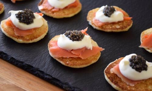 Blini with Smoked Salmon, Caviar & Crème Fraiche