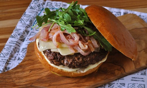 Venison Burgers with White Wine Braised Onions & Cheddar Cheese Recipe | D’Artagnan