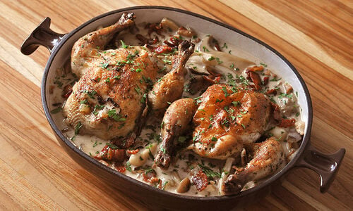 Poussins Braised in White Wine with Mushrooms Recipe | D’Artagnan