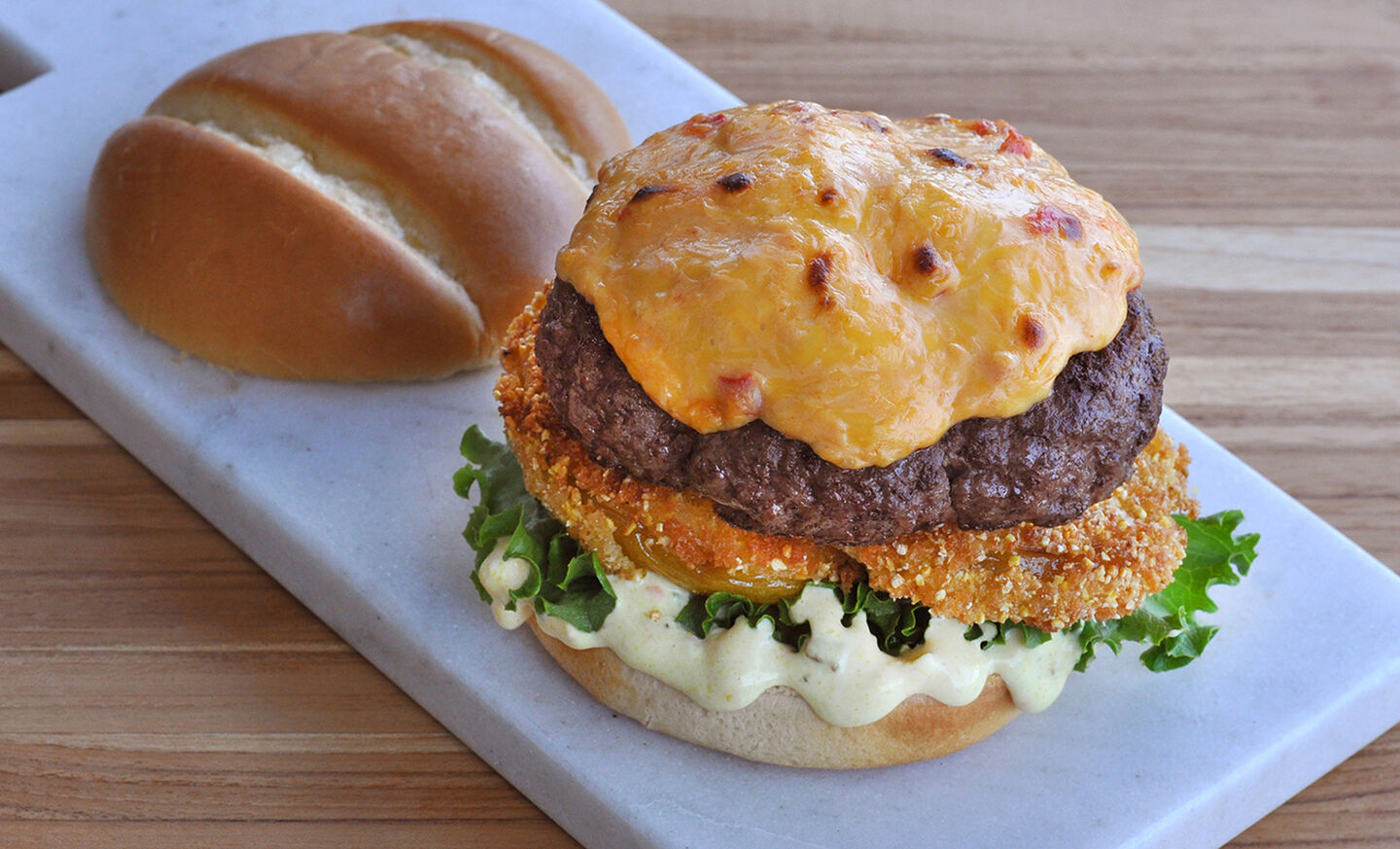 Angus Burger with Pimento Cheese and Fried Green Tomatoes Recipe | D'Artagnan