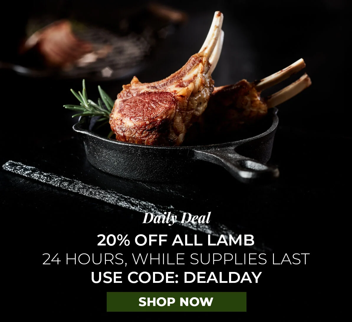 Daily Deal.  20% off All Lamb.  24 Hours, While Supplies Last. Use Code DEALDAY.