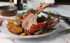 Roasted Porcelet Rib Rack with Pears and Port Wine Sauce