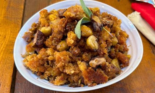 Cornbread Dressing with Chestnuts and Foie Gras