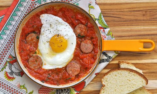 Shakshuka Eggs Poached in Tomato Sauce with Spicy Sausage Recipe | D’Artagnan