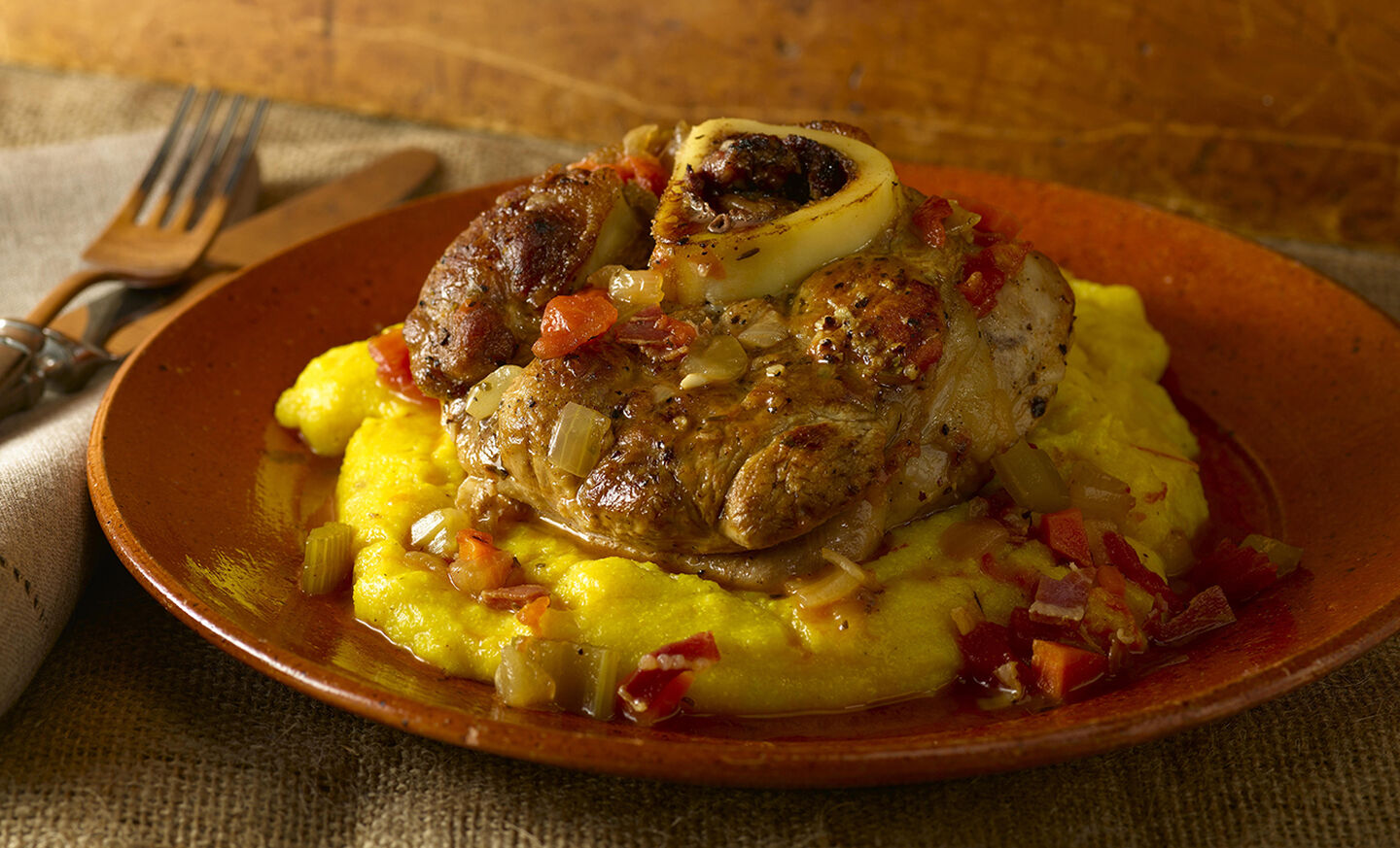 Pam Anderson's Veal Osso Buco with Dirty Polenta Recipe | D'Artagnan
