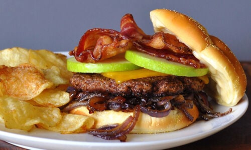 Burger with Candied Bacon, Apple, Cheddar & Onions Recipe | D'Artagnan