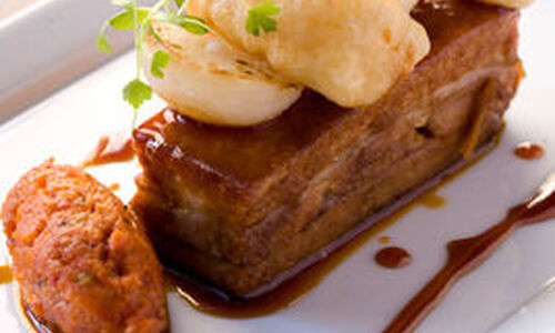 Jesse Schenker Pork Belly with Sherry Carmel & Sauce Romesco Recipe | D'Artagnan