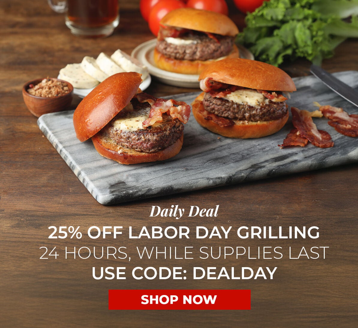 Daily Deal. 25% off Labor Day Grilling. 24 Hours, While Supplies Last. Use Code DEALDAY.