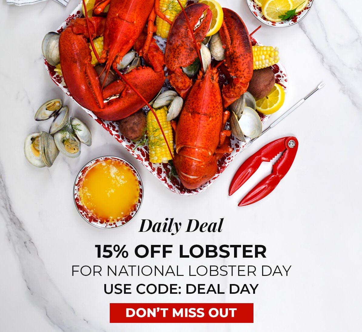 Daily Deal 15% off All Lobster For National Lobster Day. Use Code DEALDAY. Don't Miss Out