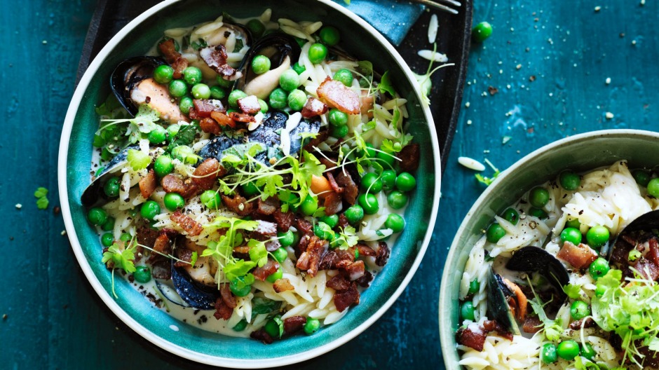 Mussels with Risoni, Peas, and Bacon