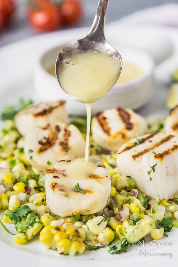 Grilled Scallops with Avocado & Corn Salsa (and Honey-Lime Vinaigrette)